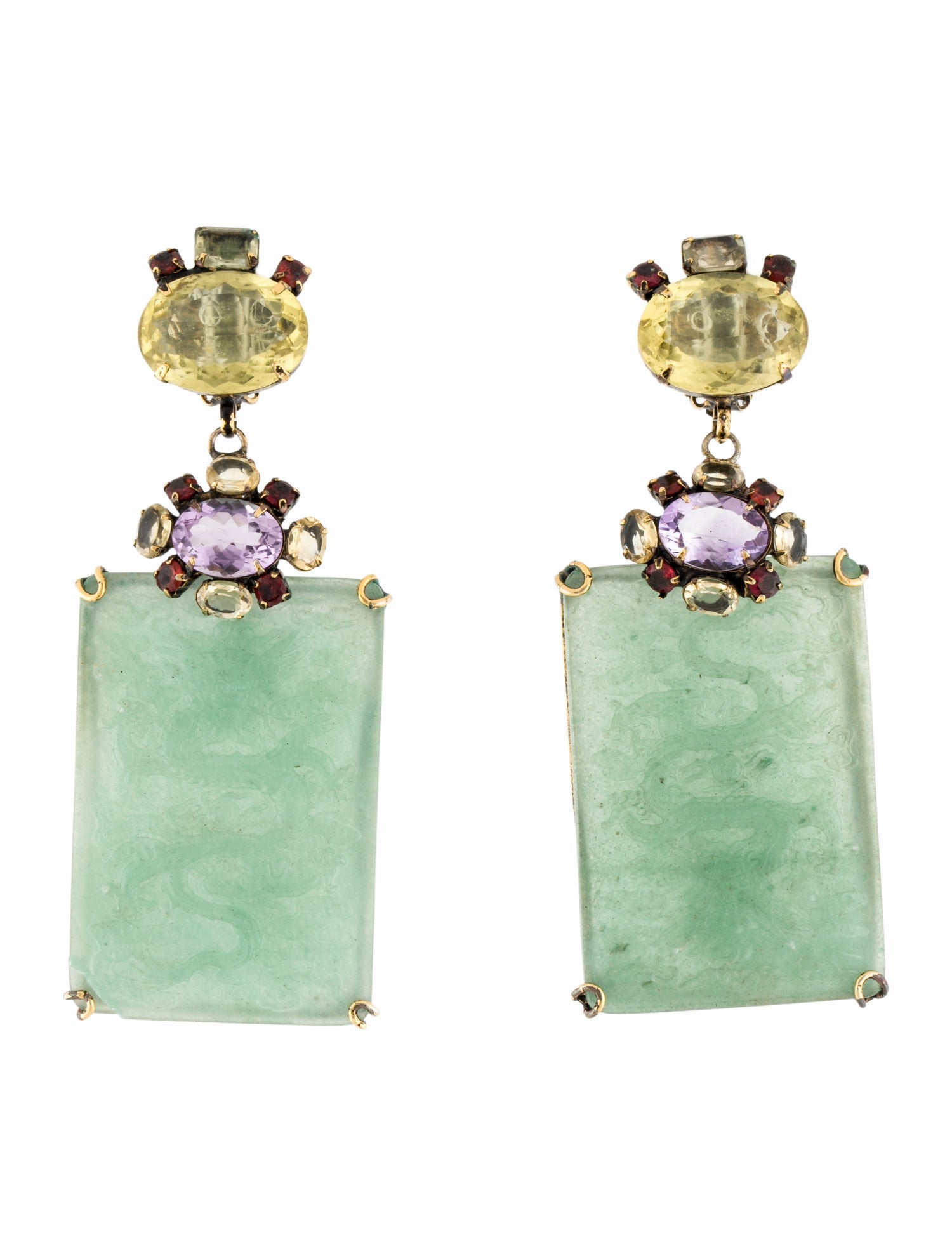 Iradj Moini Multistone & Dragon Carved Green Stone Drop Clip On Earrings