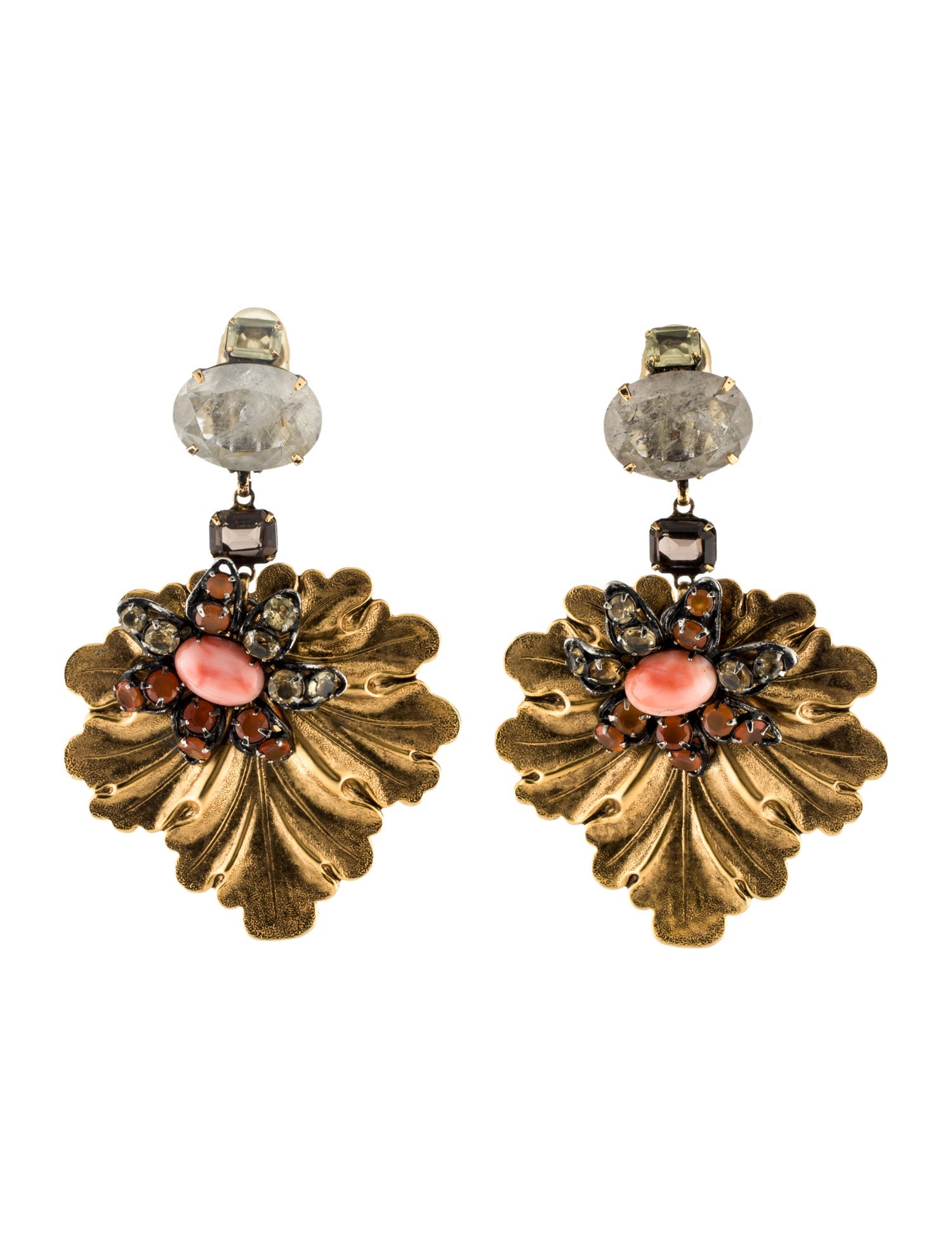 Iradj Moini Coral, Crystal & Multistone Leaf Clip-On Earrings