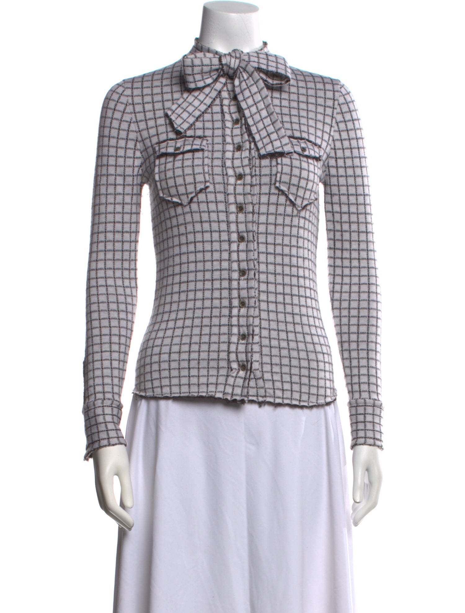 I Pezzi Dipinti Plaid Print Mock Neck Button-Up Top