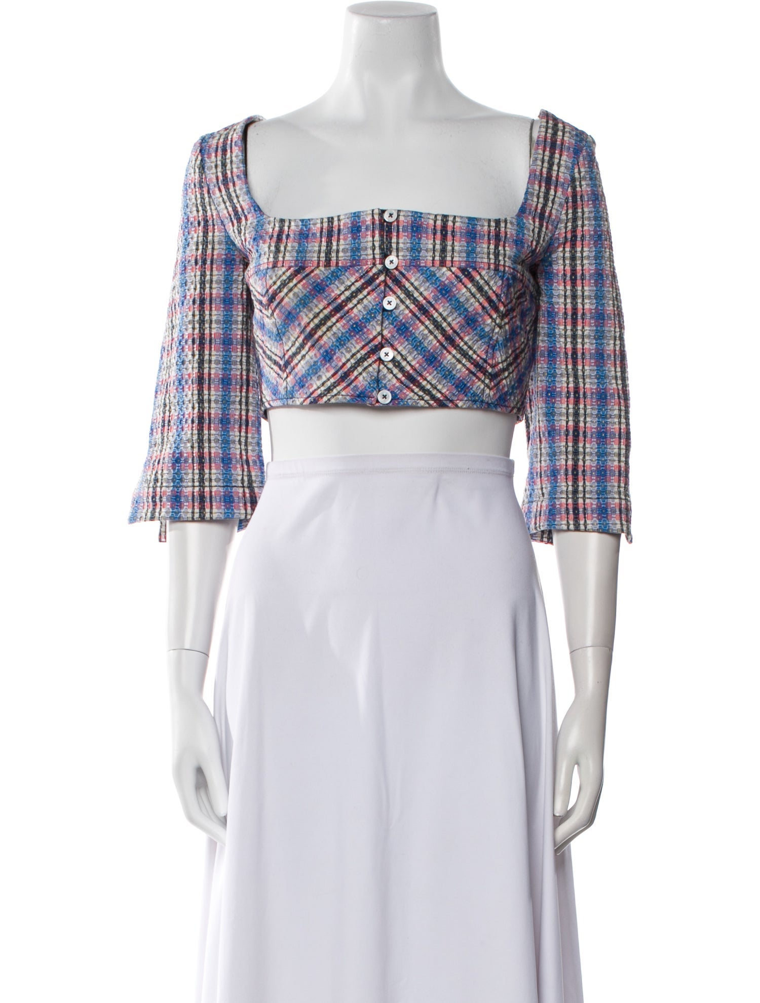 Rosie Assoulin Plaid Print Square Neckline Crop Top