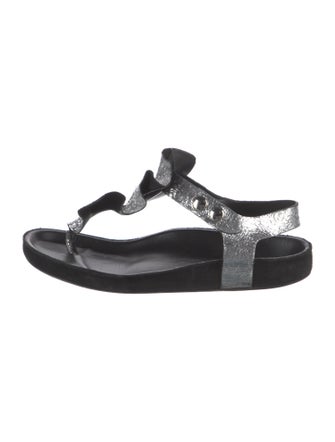 Isabel Marant Leather Ruffle Embellishment T-Strap Sandals