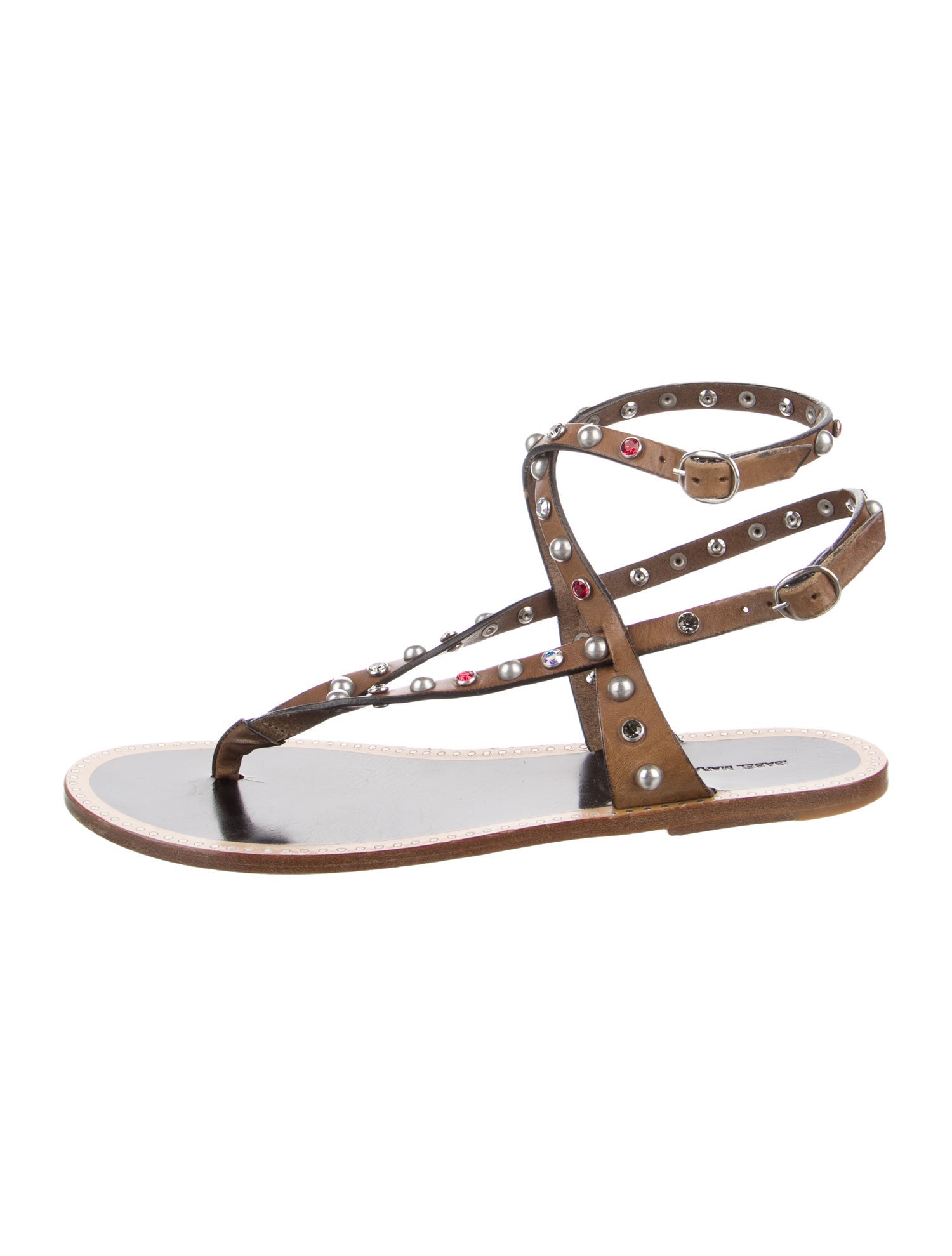 Isabel Marant Leather Crystal Embellishments T-Strap Sandals