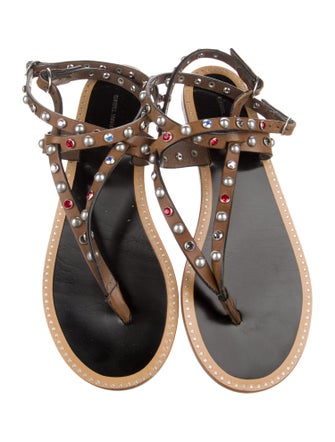 Isabel Marant Leather Crystal Embellishments T-Strap Sandals