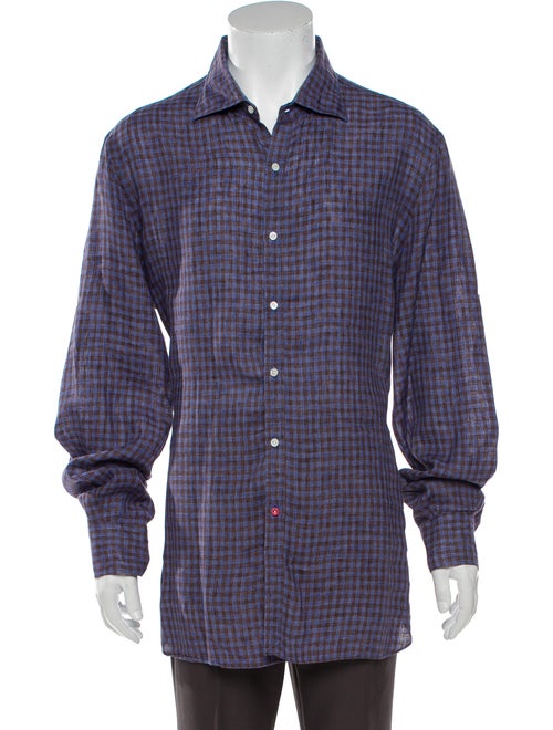 Isaia Linen Plaid Print Shirt Blue