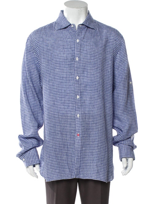 Isaia Linen Plaid Print Shirt Blue