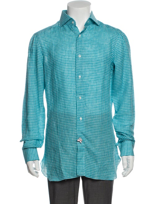 Isaia Linen Plaid Print Shirt w/ Tags Blue