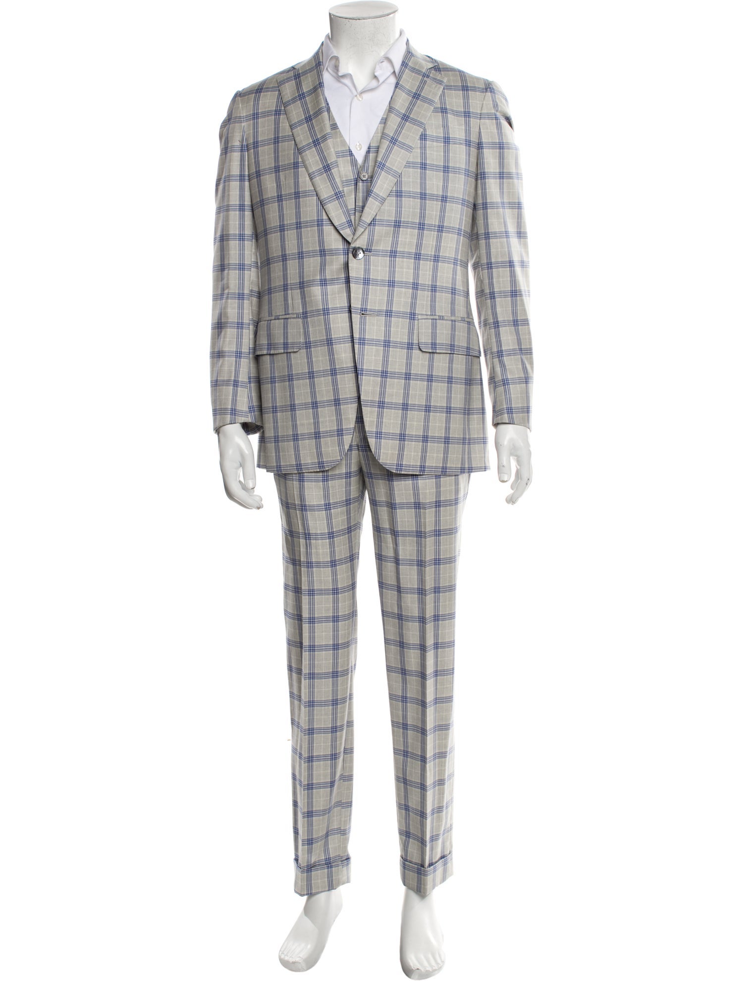 Isaia Wool Plaid Print Three-Piece Suit