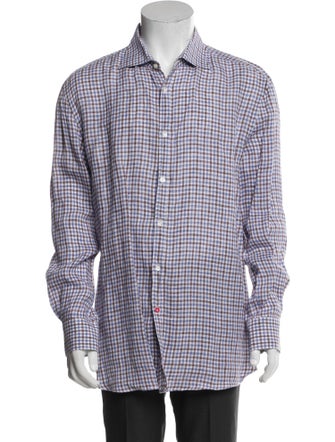 Isaia Linen Plaid Print Dress Shirt