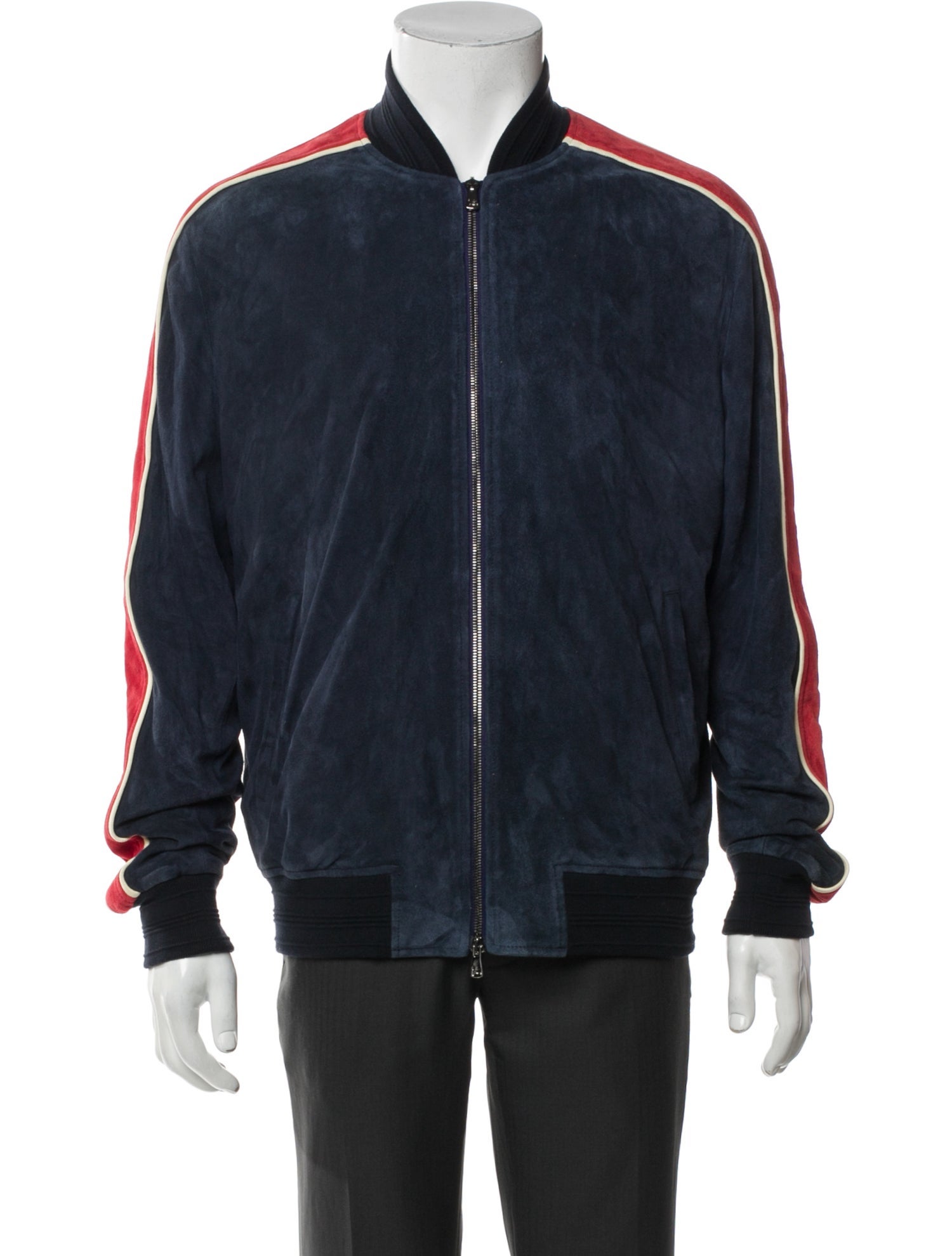 Isaia Lamb Leather Colorblock Pattern Bomber Jacket