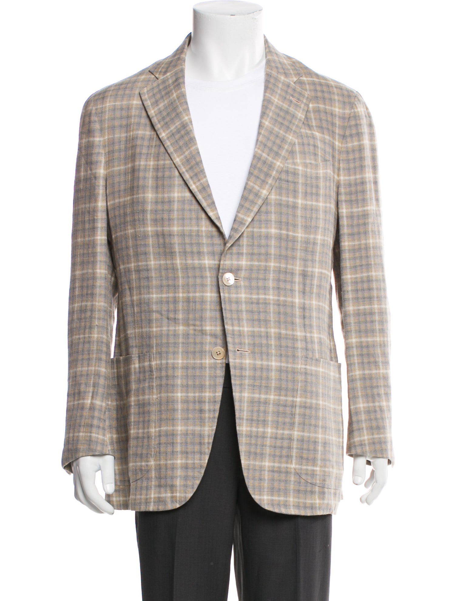 Isaia Linen Plaid Print Blazer
