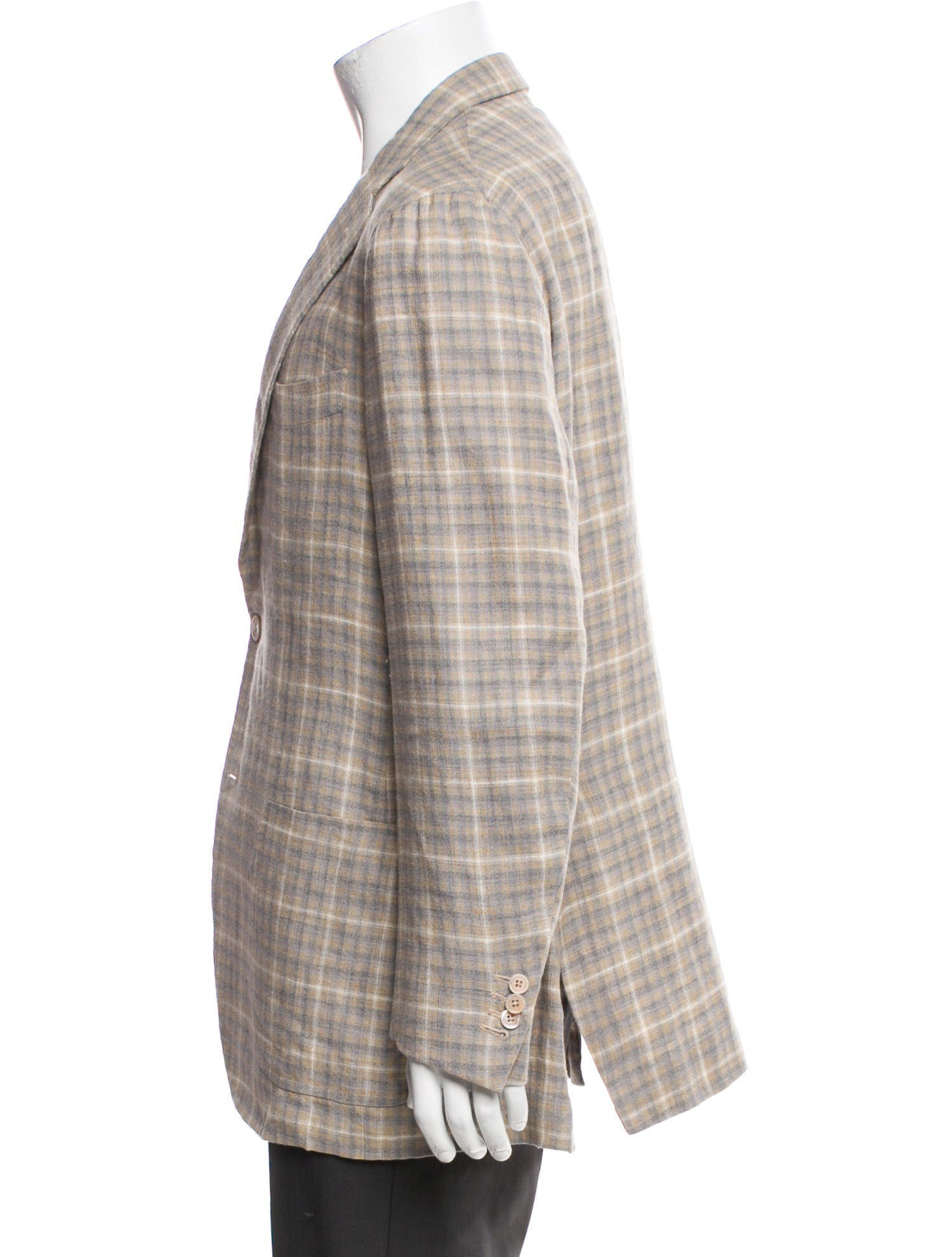 Isaia Linen Plaid Print Blazer