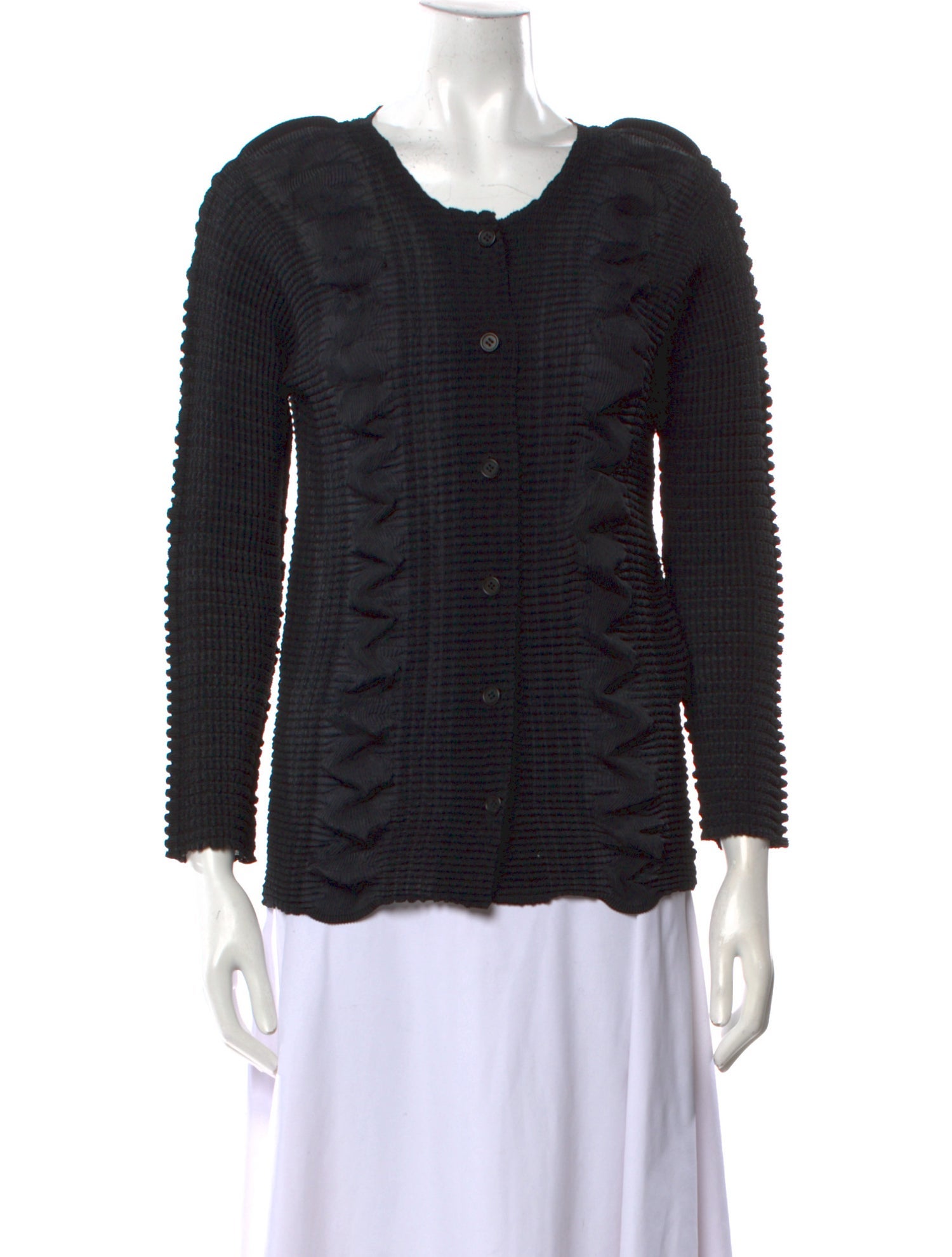 Issey Miyake Scoop Neck Three-Quarter Sleeve Button-Up Top