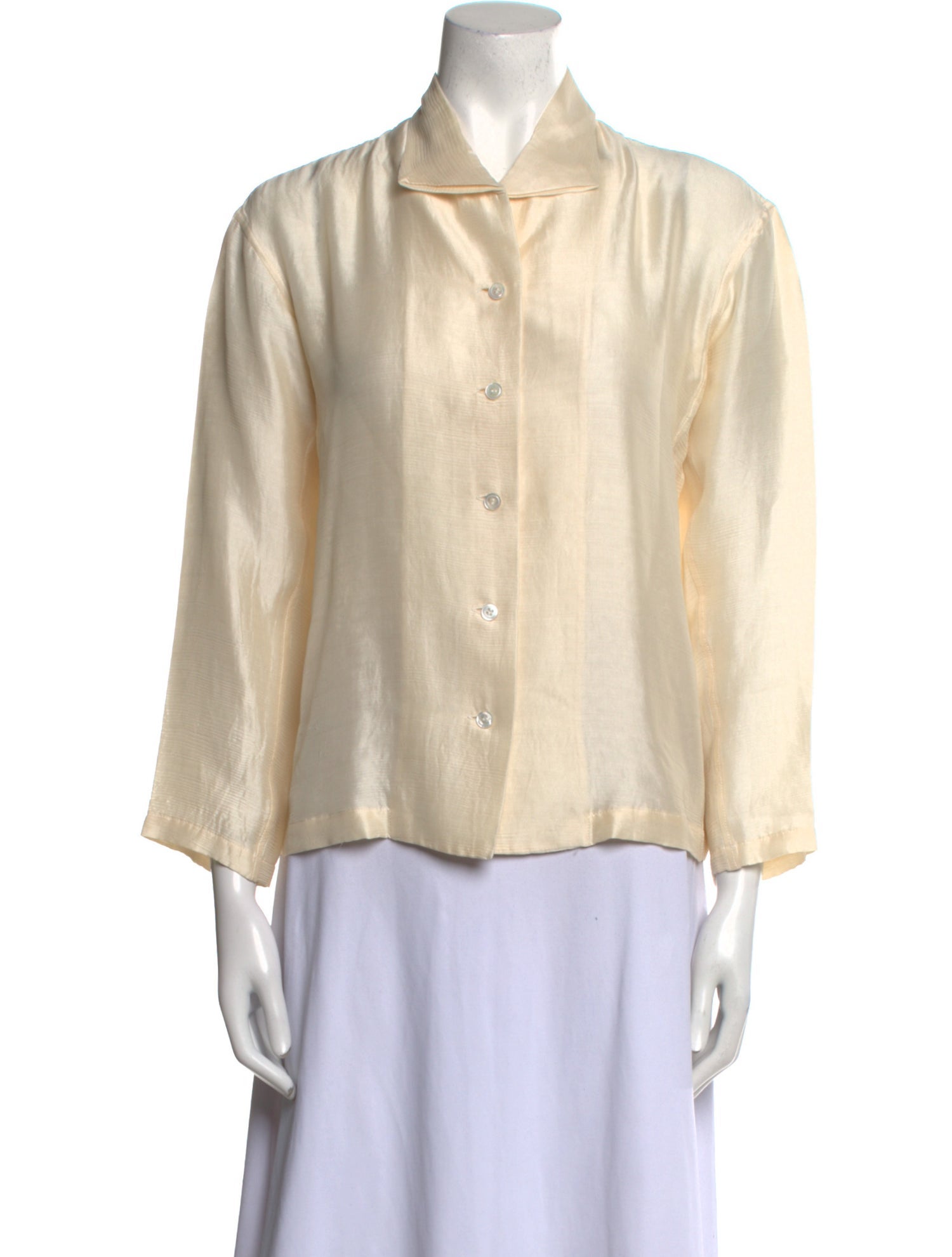 Issey Miyake Silk Three-Quarter Sleeve Button-Up Top