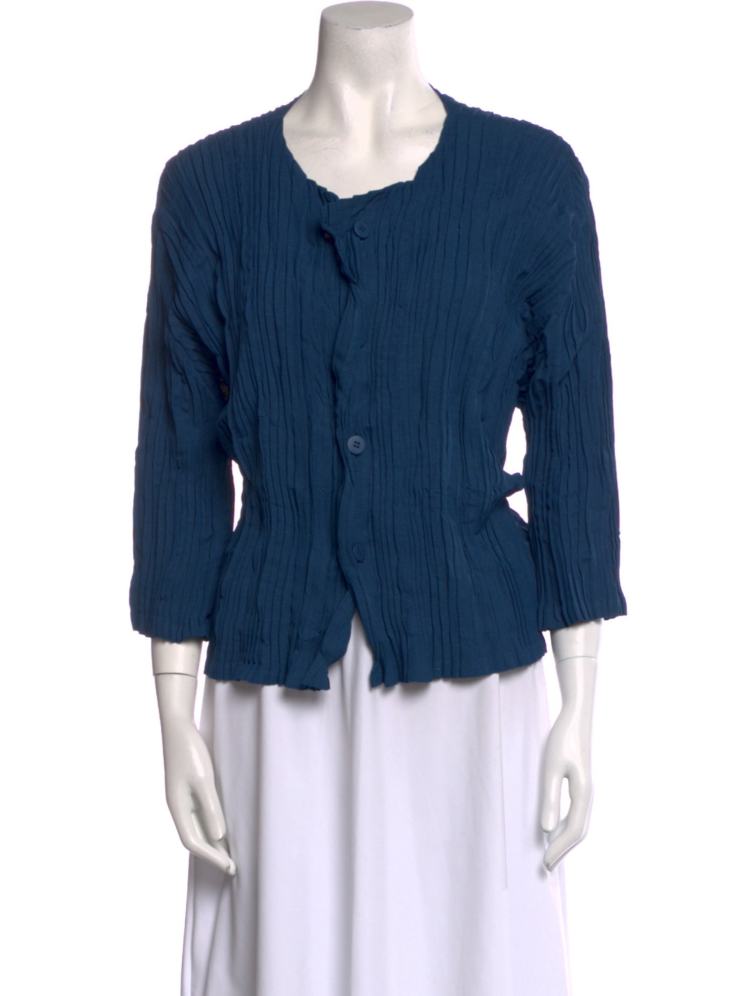 Issey Miyake Scoop Neck Three-Quarter Sleeve Button-Up Top