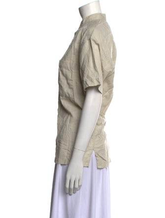 Issey Miyake Mock Neck Short Sleeve Button-Up Top