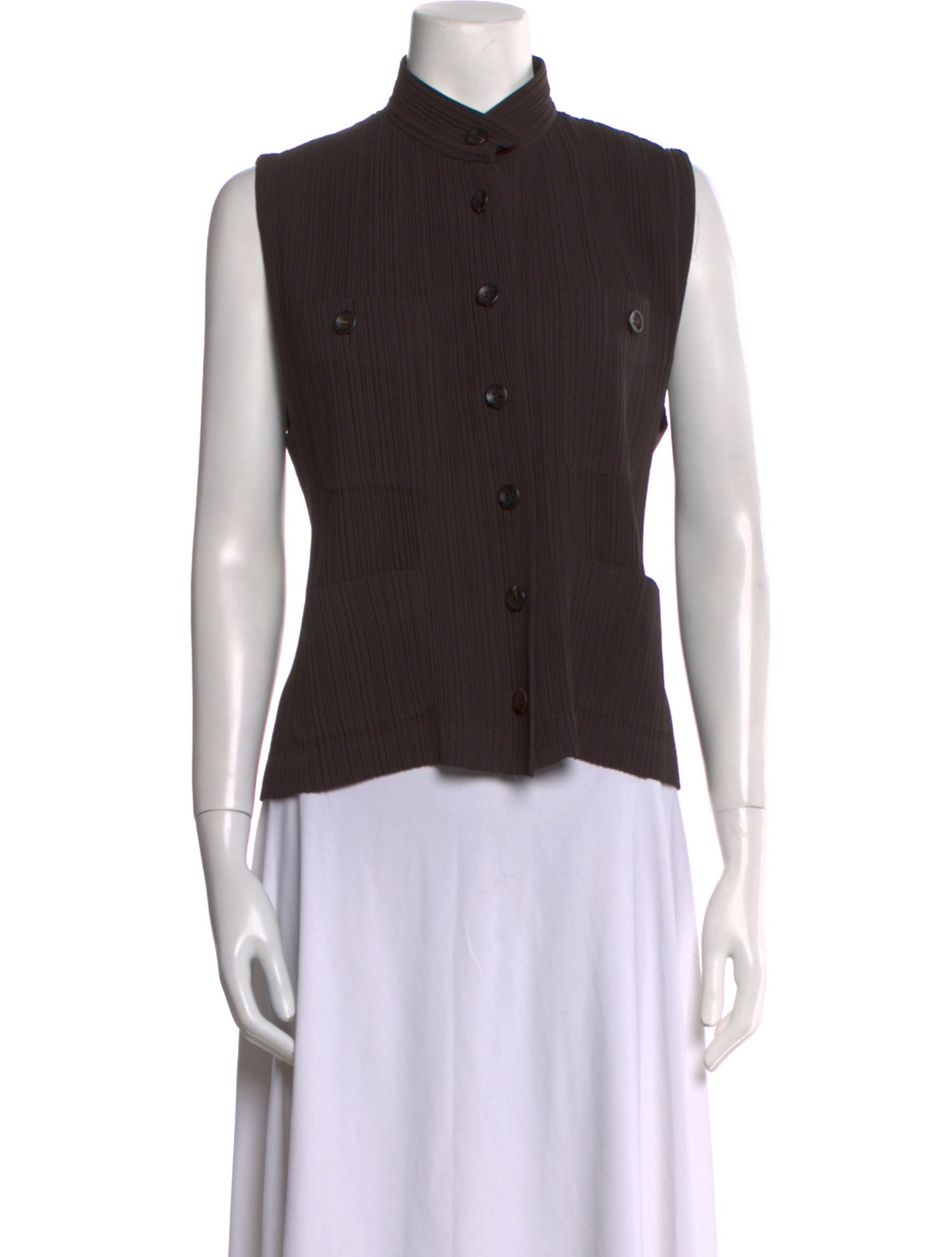 Issey Miyake Mock Neck Sleeveless Button-Up Top