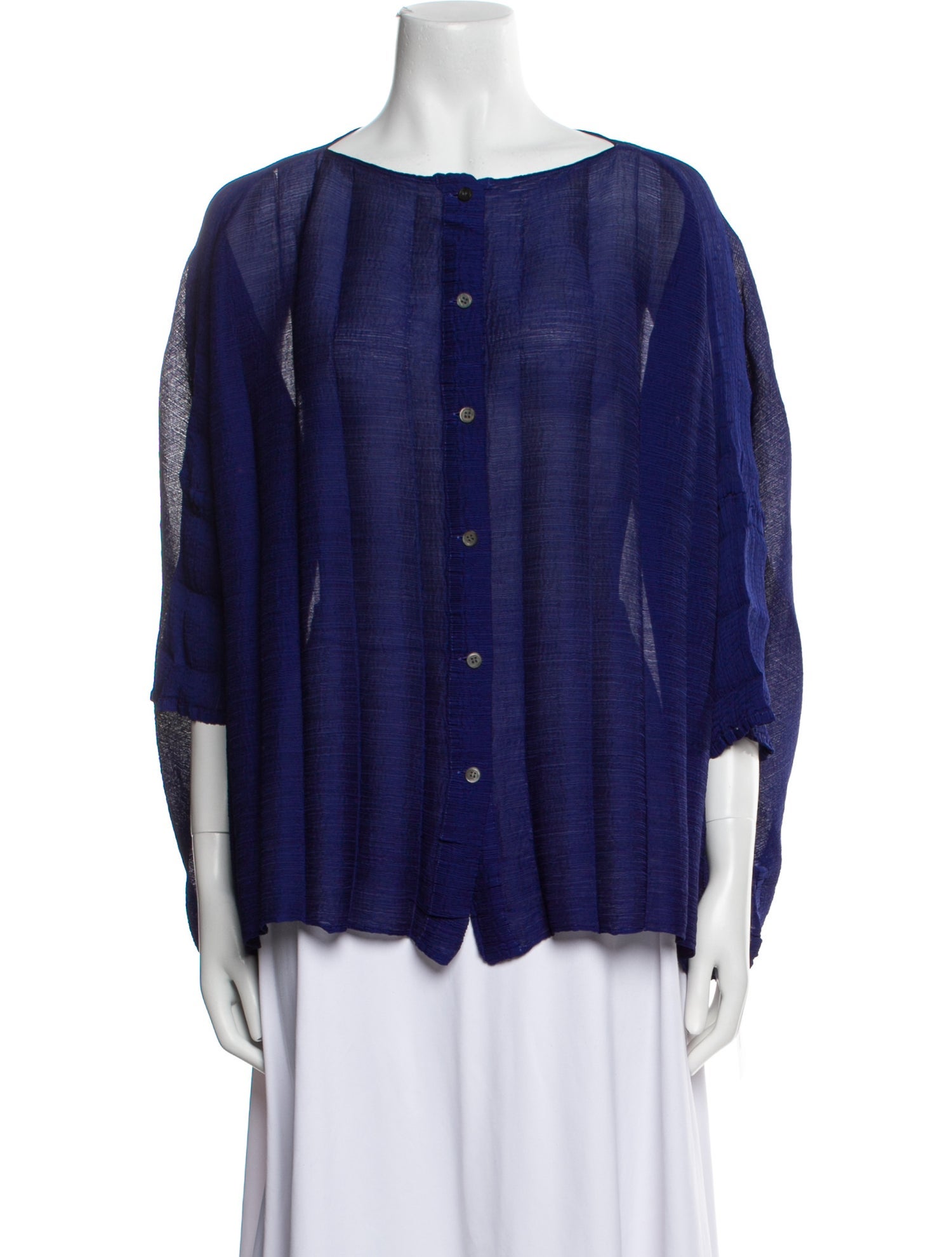 Issey Miyake Scoop Neck Three-Quarter Sleeve Button-Up Top