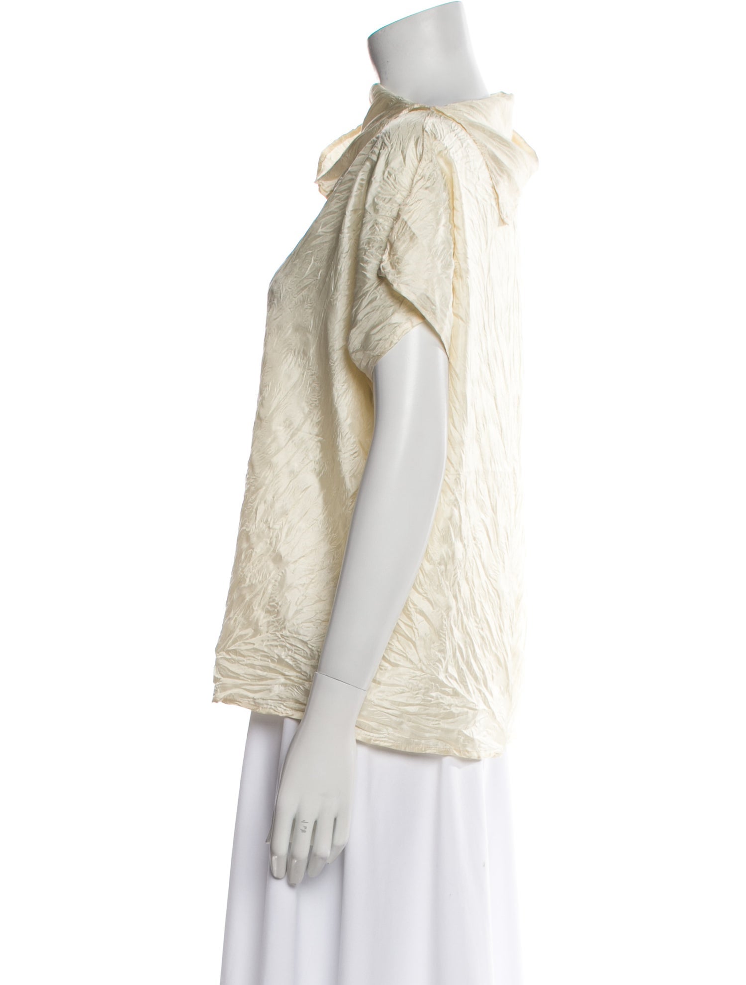 Issey Miyake Mock Neck Short Sleeve Button-Up Top