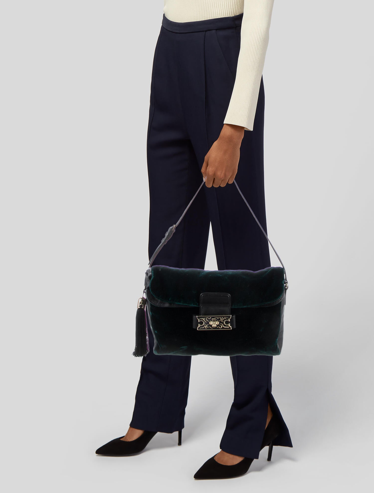 Jason Wu LeatherTrimmed Velvet Shoulder Bag Green Shoulder Bags