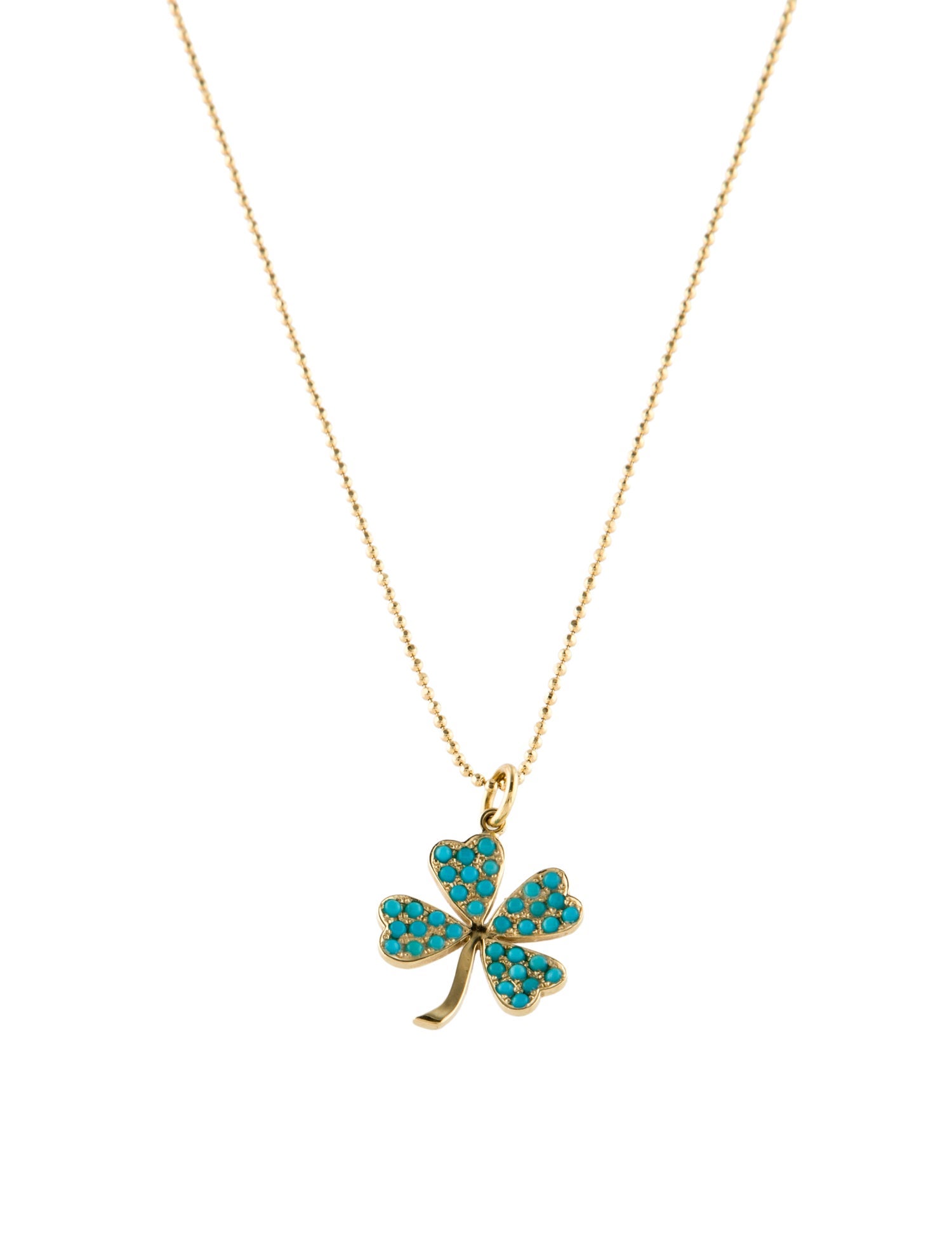 Jennifer Meyer 18K Large Turquoise Clover Necklace w/ 14K diamond cut bead chain