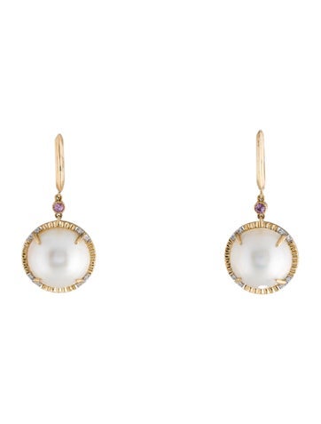 Jewelmak Drop 14K Pearl, Sapphire & Diamond Earrings 12.0-12.5mm