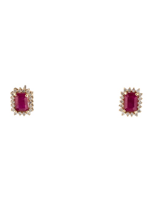 Jewelmak 14K Glass Filled Ruby & Diamond Stud Earrings