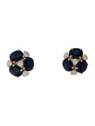 Jewelmak 14K Sapphire & Diamond Cluster Flower Stud Earrings