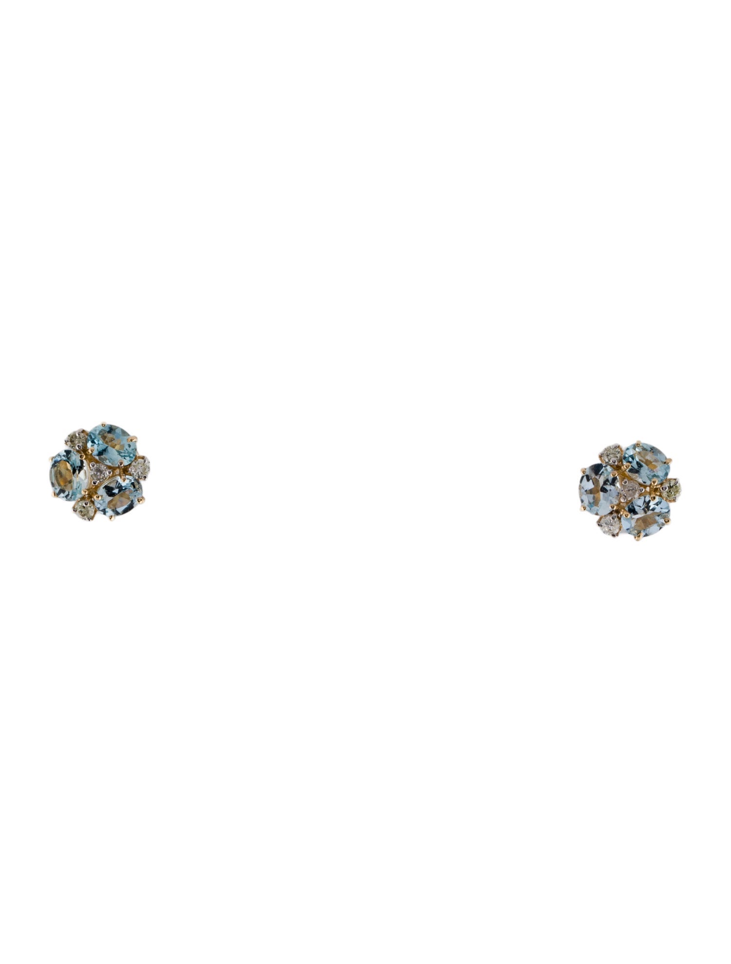 Jewelmak 14K Aquamarine & Diamond Flower Cluster Stud Earrings