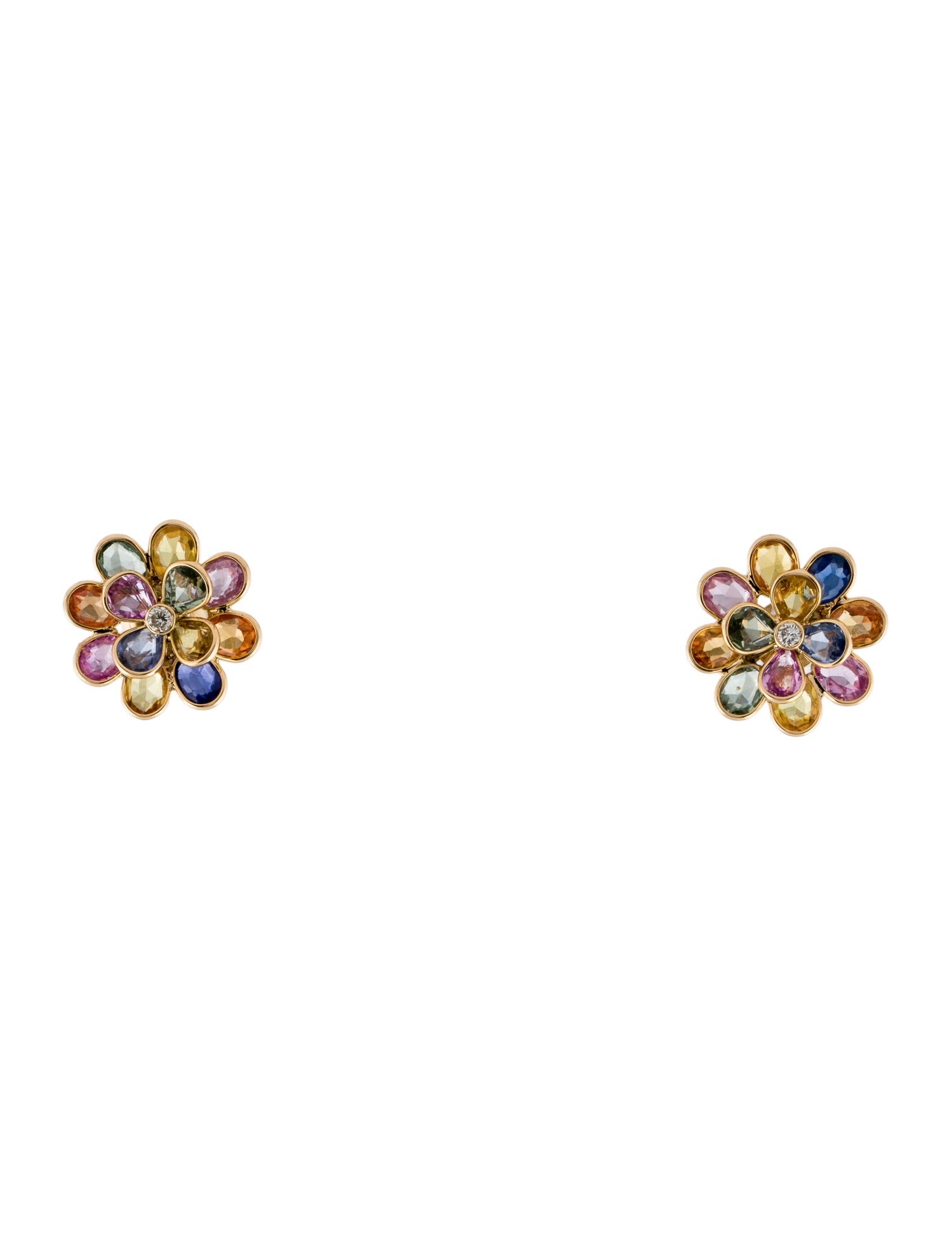 Jewelmak 18K 3.81ctw Sapphire & Diamond Flower Cluster Stud Earrings