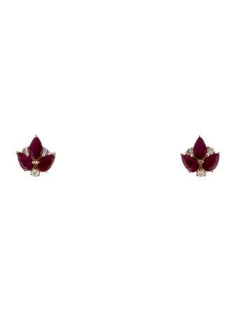 Jewelmak 14K 1.24ctw Glass-Filled Ruby & Diamond Leaf Stud Earrings