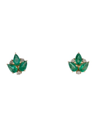 Jewelmak 14K Emerald & Diamond Leaf Cluster Stud Earring