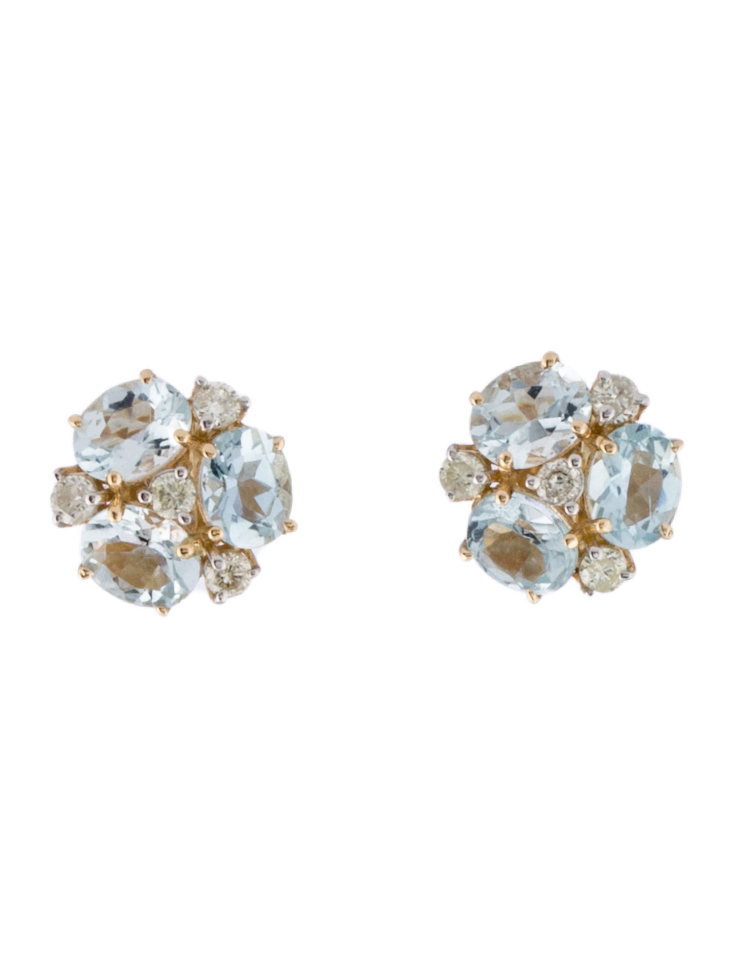 Jewelmak 14K Aquamarine & Diamond Cluster Flower Stud Earrings