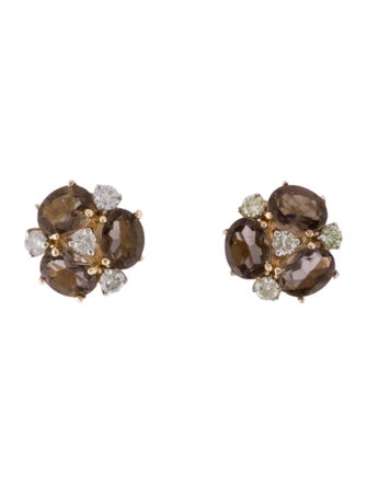 Jewelmak 14K Smokey Quartz & Diamond Stud Earrings