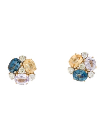 Jewelmak 14K Sapphire & Diamond Flower Cluster Stud Earrings