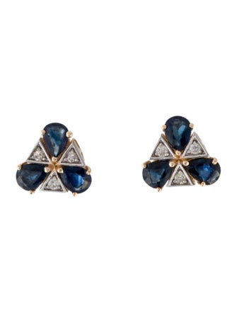 Jewelmak 14K 1.02ctw Sapphire & Diamond Triangular Stud Earrings