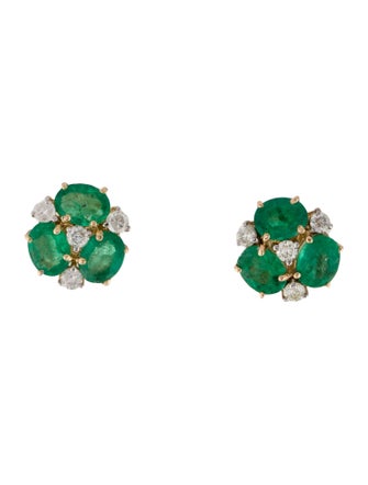 Jewelmak 14K Emerald & Diamond Flower Cluster Stud Earrings