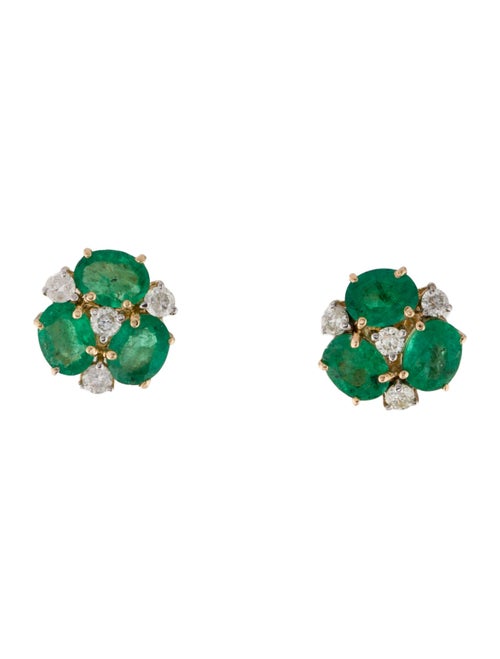 Jewelmak 14K Emerald & Diamond Flower Cluster Stud Earrings
