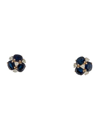 Jewelmak 14K Sapphire & Diamond Flower Cluster Stud Earrings