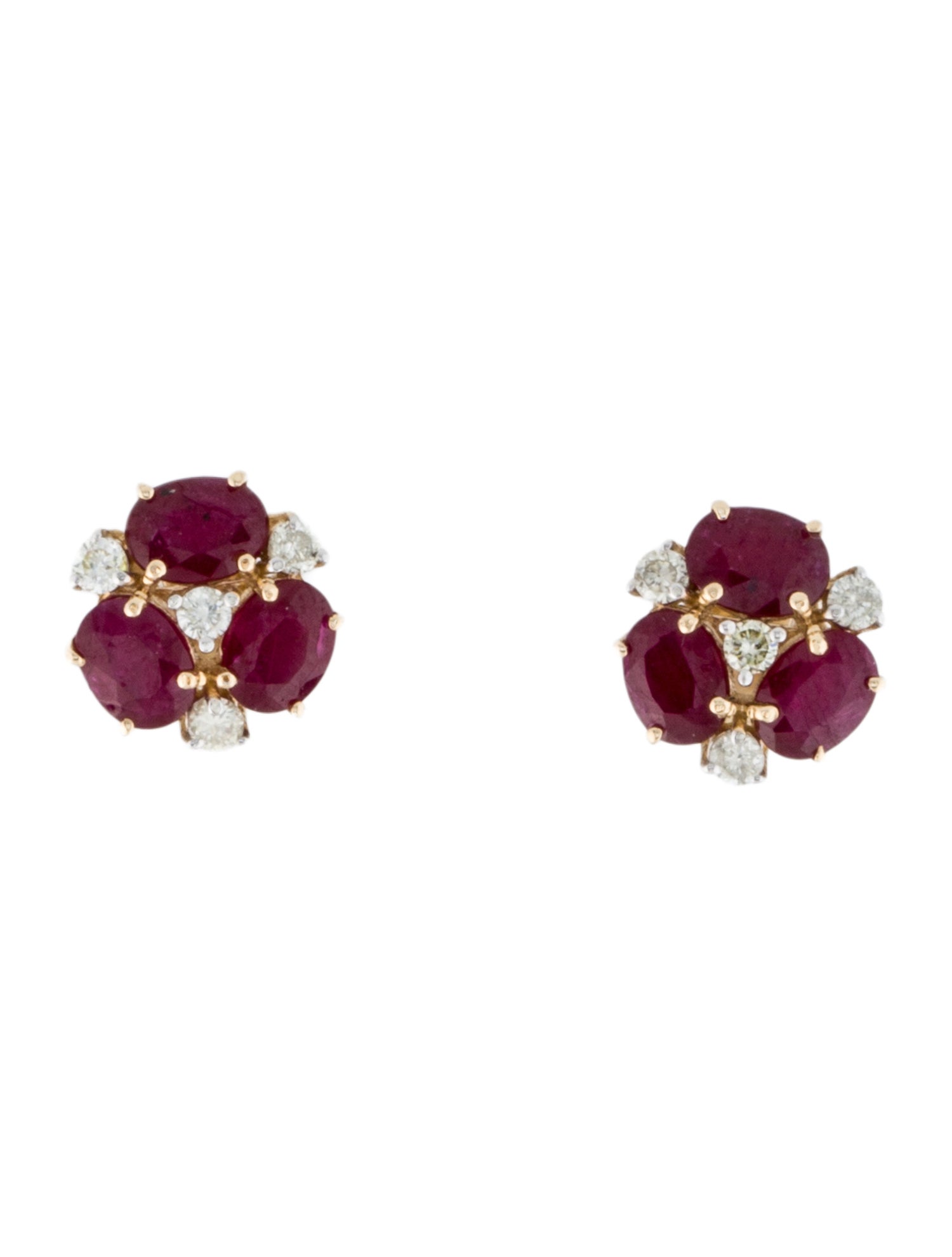 Jewelmak 14K Glass-Filled Ruby & Diamond Flower Cluster Stud Earrings