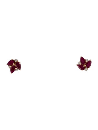 Jewelmak 14K 1.24ct Ruby & Diamond Leaf Stud Earrings