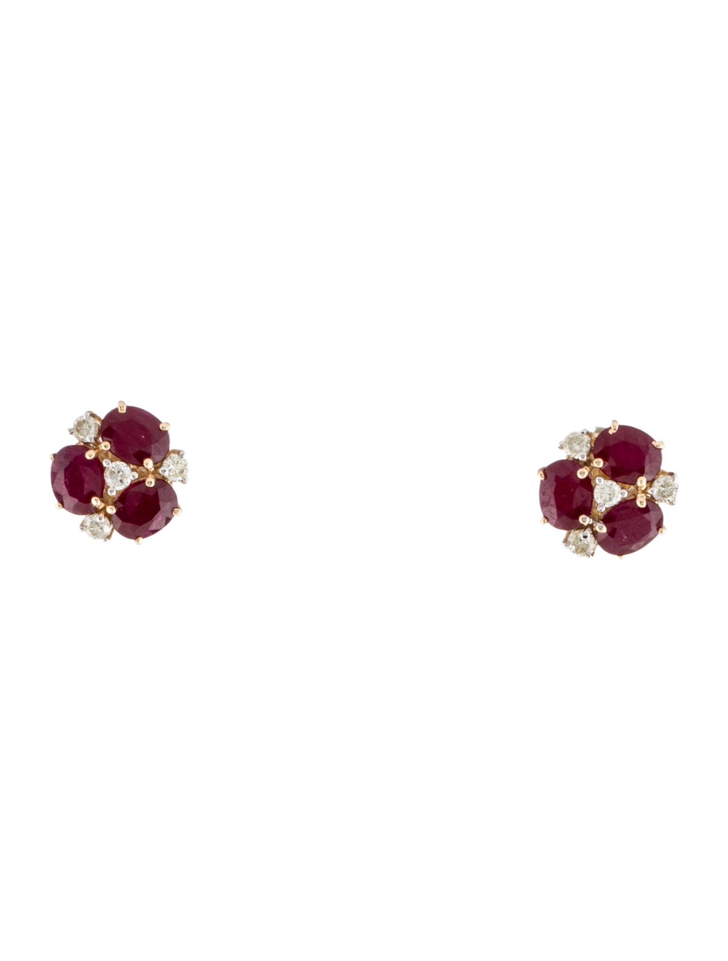 Jewelmak 14K 1.43ctw Glass Filled Ruby & Diamond Flower Cluster Stud Earrings