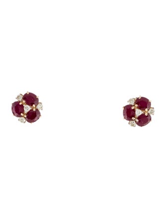 Jewelmak 14K 1.43ctw Glass Filled Ruby & Diamond Flower Cluster Stud Earrings