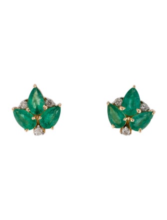 Jewelmak 14K Emerald & Diamond Leaf Stud Earrings
