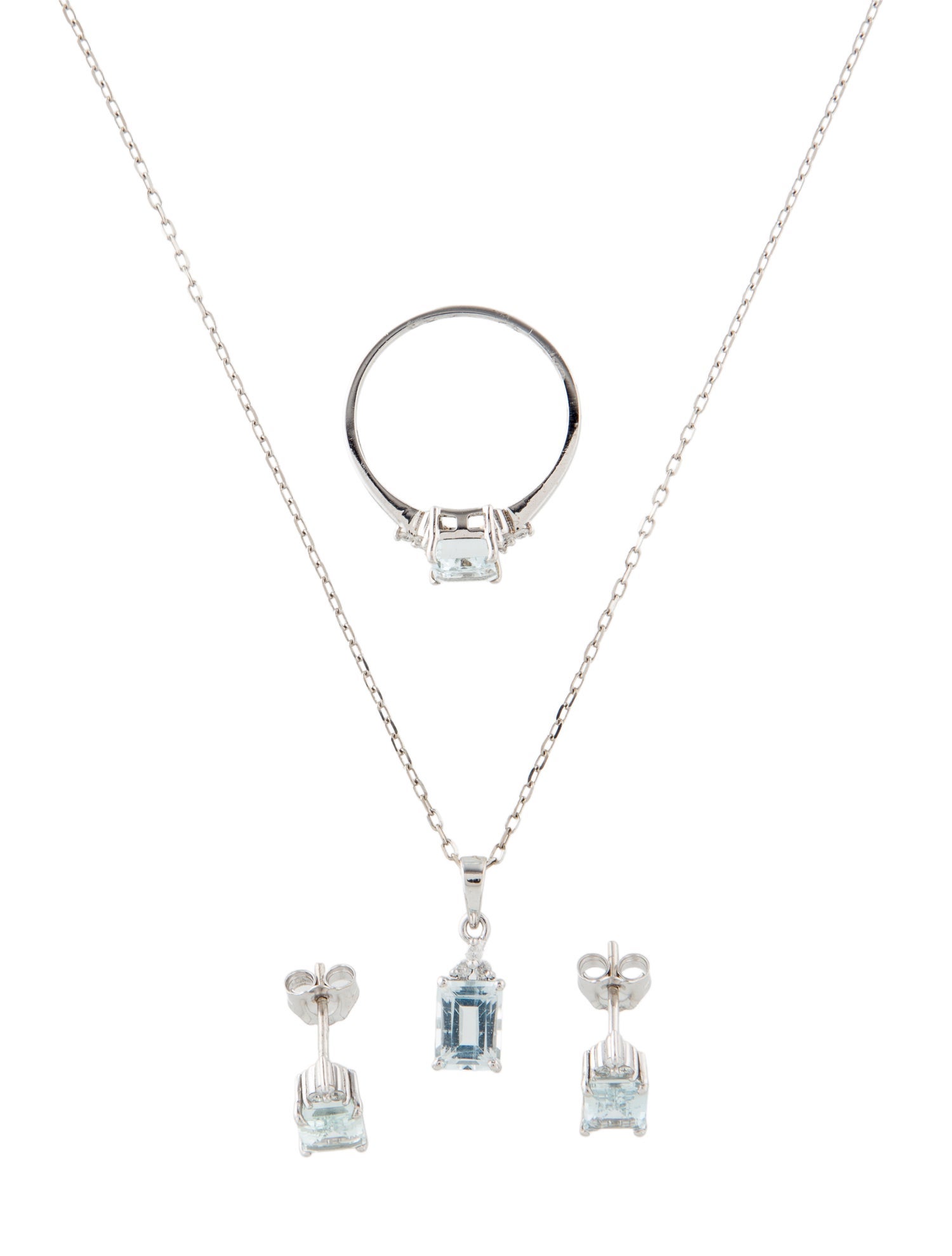 Jewelmak 14K 3.29ctw Aquamarine & Diamond Necklace, Earrings and Ring Set
