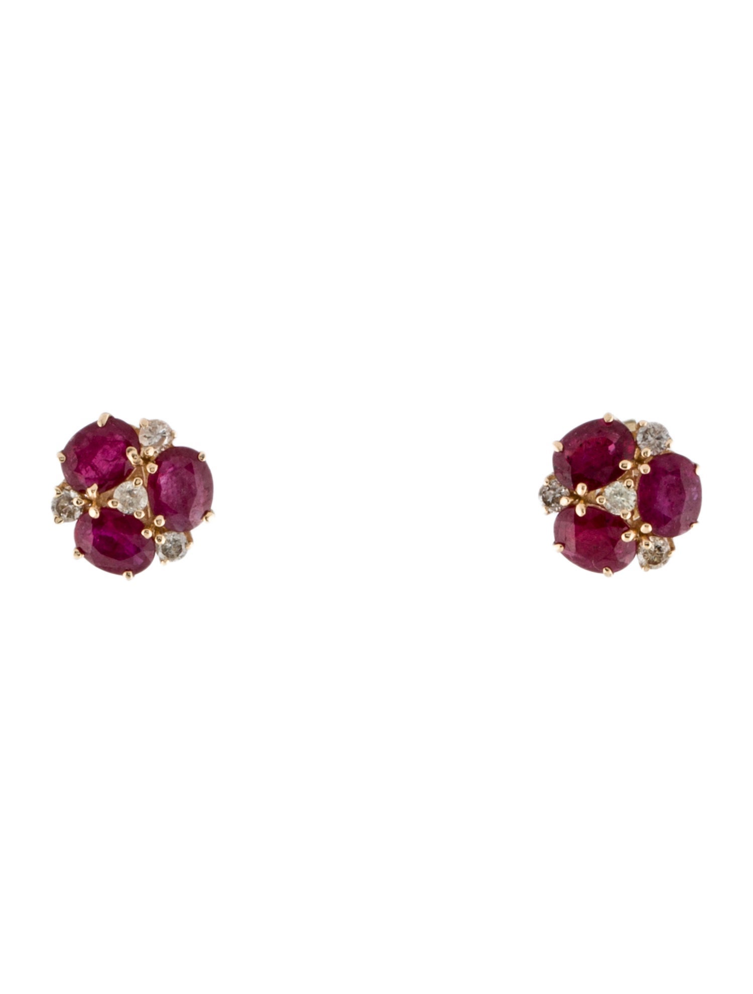Jewelmak 14K 1.33ctw Glass Filled Ruby & Diamond Flower Cluster Stud Earrings