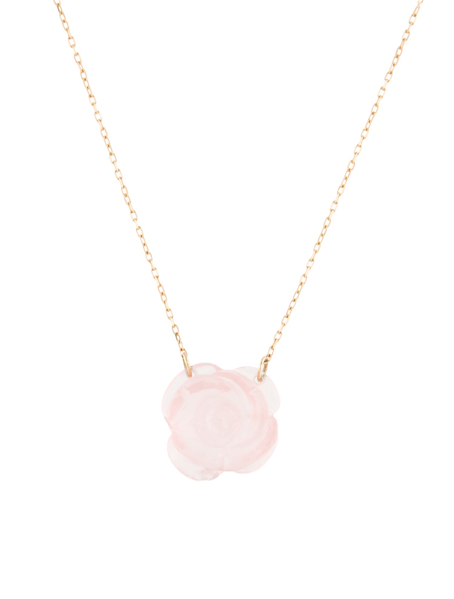 Jewelmak 14K Rose Quartz Carved Flower Pendant Necklace