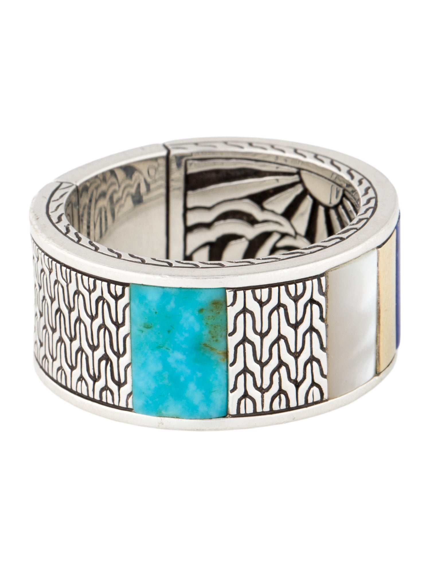 John Hardy Mother-Of-Pearl, Turquoise & Lapis Lazuli Carved Chain Ring
