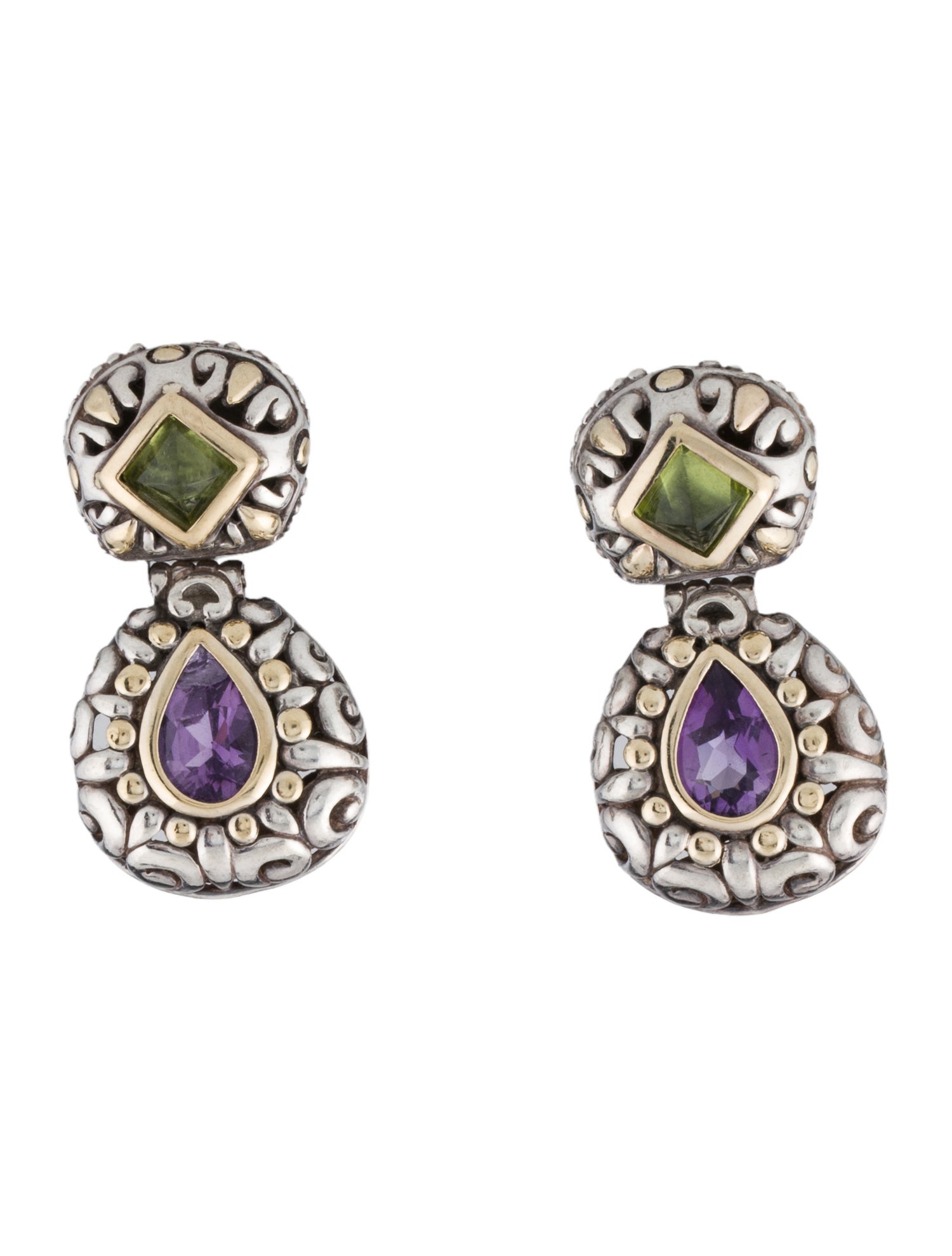 John Hardy Peridot & Amethyst Drop Earrings