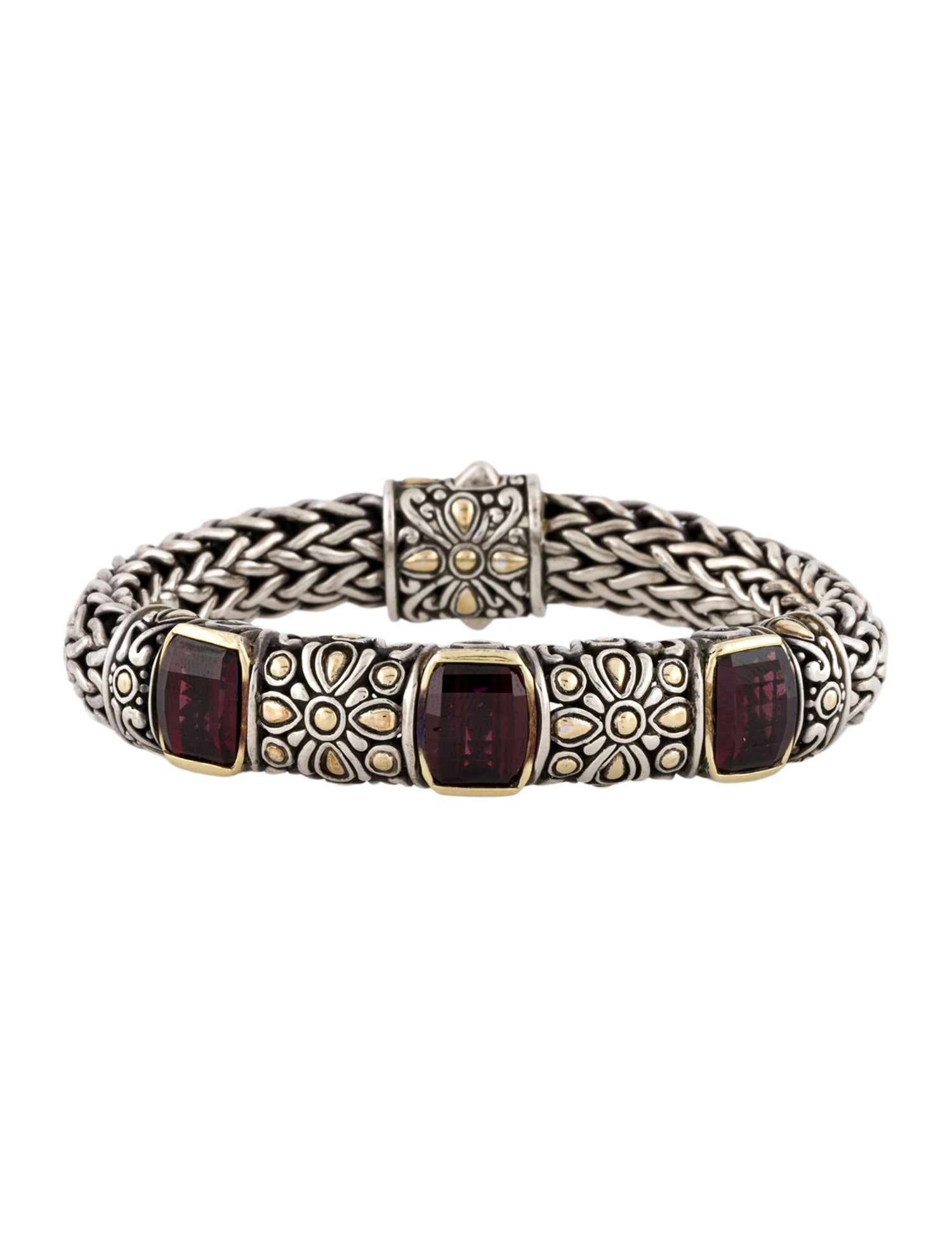 John Hardy Two-Tone Rhodolite Garnet Bangle Bracelet