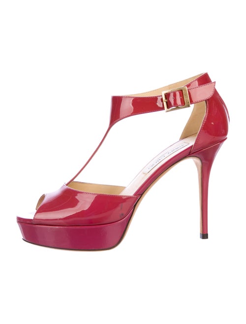 Jimmy Choo Patent Leather T-Strap Sandals Red